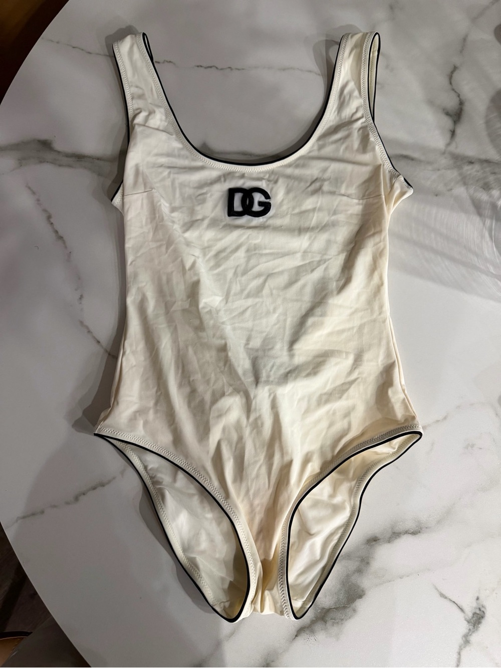 Dolce & Gabbana Cream One-Piece Swimsuit with Black Trim